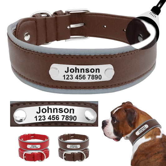 Collier Chien Personnalisé en Cuir Réfléchissant et Ajustable